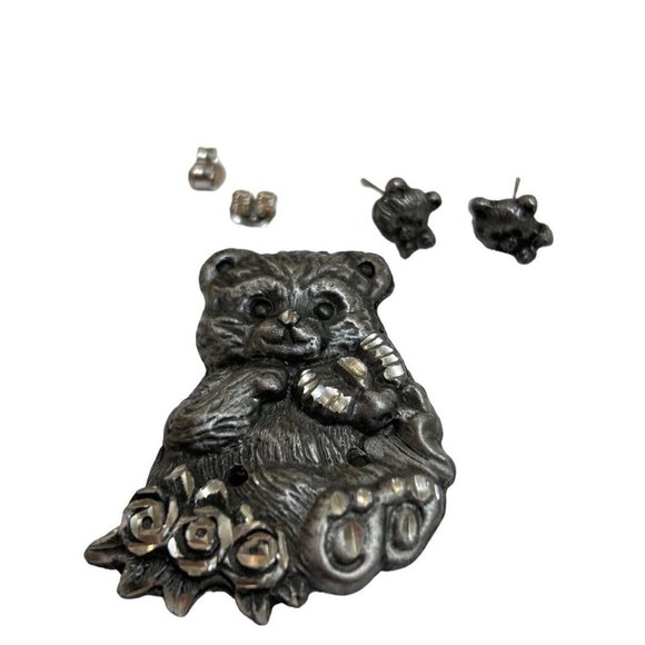 Vintage Brooch Earring Post Pierced Set Teddy Bears Torino Style 1.5" Pewter? - Picture 3 of 6